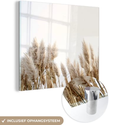 MuchoWow® Glasschilderij 90x90 cm - Schilderij acrylglas - Graan - Lucht - Pastel - Foto op glas - Schilderijen