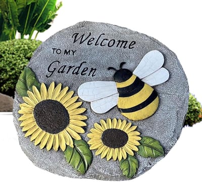 Decoratieve Tuintegel - Wandelpad Steen - Tuin Decoratie - Zonnebloem Bijen Thema - 23.5 cm Diameter - Multicolor