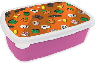 Broodtrommel Roze - Lunchbox - Brooddoos - Snoep - Halloween - Patronen - 18x12x6 cm - Kinderen - Meisje