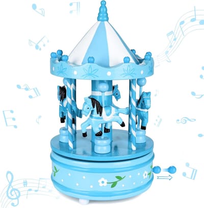 Houten Muziekdoos - Speeldoos Carrousel - Kerst Decoratie - Nostalgisch Paarden Design - 24 cm Hoog - Blauw