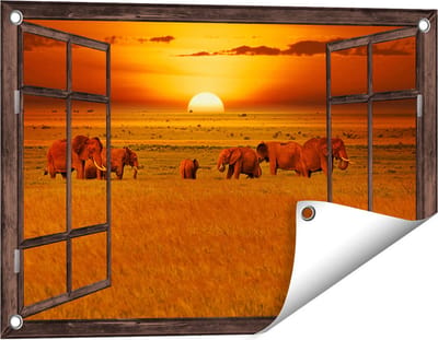 Gards Tuinposter Doorkijk Olifanten in het Wild - Zonsondergang - 60x40 cm - Tuindoek - Tuindecoratie - Wanddecoratie buiten - Tuinschilderij