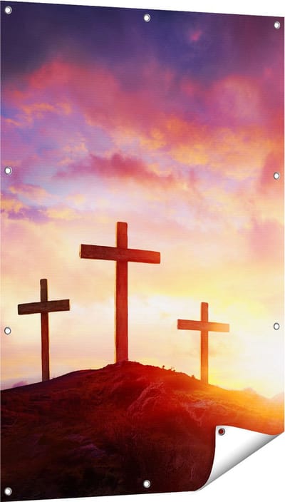 Gards Tuinposter Kruisiging van Jezus Christus - Drie Kruisen - 80x120 cm - Tuindoek - Tuindecoratie - Wanddecoratie buiten - Tuinschilderij