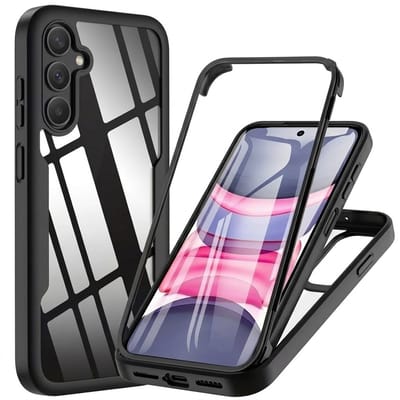 Zwart transparant telefoon hoesje geschikt voor Samsung A56 – schokbestendige case met voor en achterkant bescherming – full body cover – harde rand en doorzichtig design – dames en heren