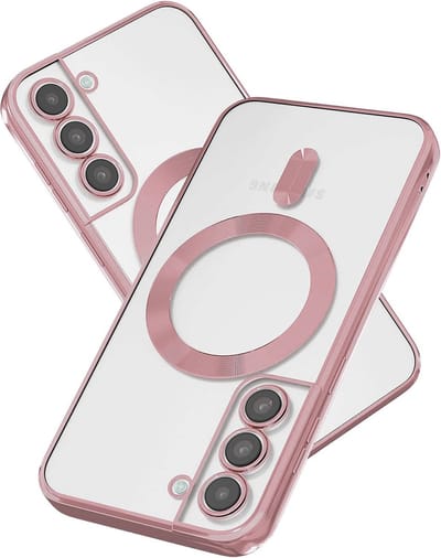 oTronica Hoesje aanstellen voor Samsung Galaxy S22 Plus met Magnetisch Ring en Camera Lensbeschermer - backcover – Transparant/Rosegoud