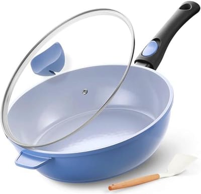 Keramische Diepe Koekenpan 11 Inch - Nonstick 4Qt Sauté Pan met Deksel en Afneembaar Handvat