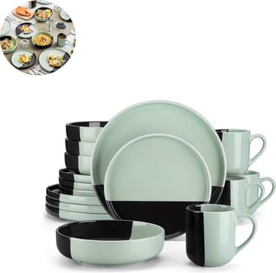 Luxe Serviesset – 32 delig – 8 persoons – Porselein - Bordenset – Dinner platen – Dessertborden - Kommen - Mokken - Schaaltjes - Zwart Groen