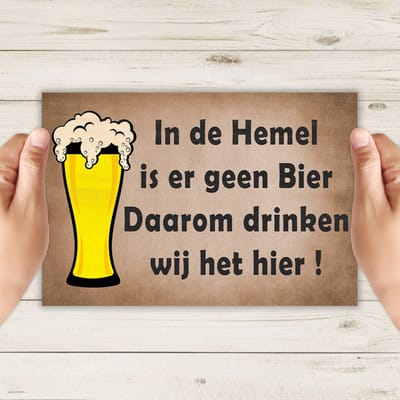 Spreukbord - In De Hemel Is Er Geen Bier - Hout - Vintage - Grappig - Humor - Bord - Tekstbord - Wandbord - Wanddecoratie - Muurdecoratie - Woonkamer - Om Aan De Muur Te Hangen