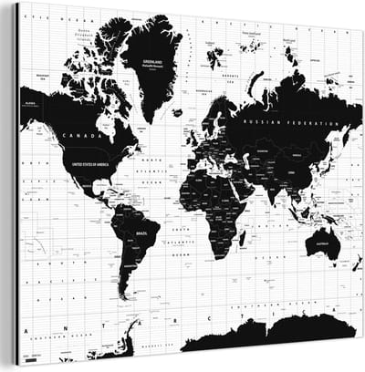 Aluminium schilderij 120x90 cm - Wanddecoratie metaal - Wereldkaart - Zwart - Wit - Atlas - Aarde - Educatief - Metalen muurdecoratie woonkamer - Decoratie industrieel - Foto op dibond - Industriële accessoires slaapkamer
