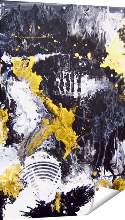 Gards Tuinposter Abstracte Kunst met Zwart, Wit en Goud - 80x120 cm - Tuindoek - Tuindecoratie - Wanddecoratie buiten - Tuinschilderij