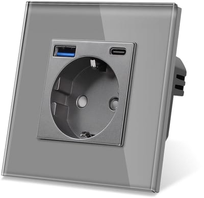Geaard Stopcontact met USB-C en USB-A Oplaadpoorten, Enkel, Inbouw, Grijs Glasdesign