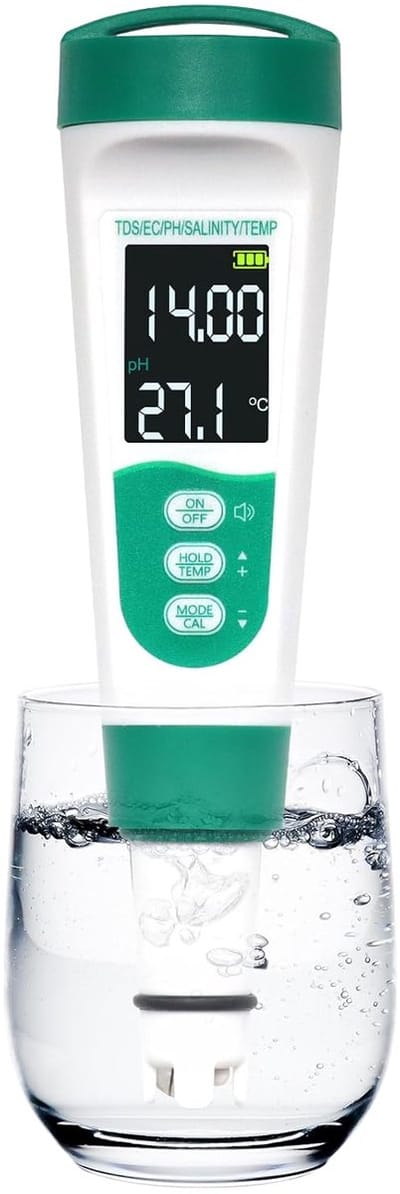 5-in-1 waterkwaliteitsmeter, draagbare digitale waterkwaliteitsmeter voor pH/EC/TDS/temperatuur, oplaadbare Type-C-interface, zoutgehaltemeter voor zwembaden met gesproken instructies, geschikt voor drinkwater, aquariums en spabaden.
