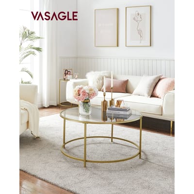 Nancy's Salontafel - Ronde Glazen Tafel - Gouden Ijzeren Frame