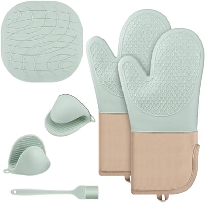 Ynkkvre - Ovenhandschoenen - Keukenset - Hittebestendig Tot 230 °C Met Anti-Slip Patroon En Comfortabele Katoenen Voering - 6-Delig - Voor Oven En Grill In Mintgroen