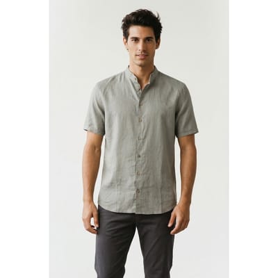 No Excess Shirt Short Sleeve Granddad Solid With Linen Light Army Größe: M | Casual hemden Outlet | Herren | Weiß