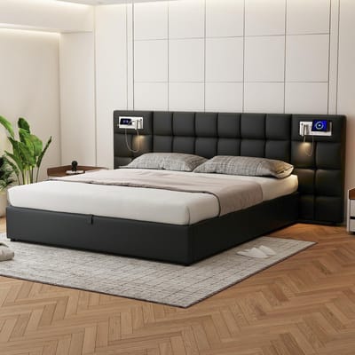 MODENUIT Gestoffeerd bed 180x200 cm – USB-aansluiting en draadloos opladen – Hydraulische opbergruimte – Zonder matras – PU – Zwart