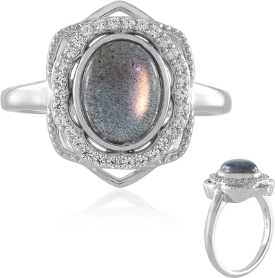 Cavill - Elegante Damesring - 925 Sterling Zilver Platina Geplateerd - Roze Minary Labradoriet 1 895 ct Ovaal - 30 Pavé Zirkonia