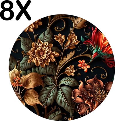 Luxe Ronde Placemat - Prachtige Bloemen Kunst - Set van 8 Placemats - 50x50 cm - 2 mm dik Vinyl - Anti Slip - Afneembaar