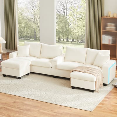 MODFU - U-Vormige Bank - Met 2 Poefs, Leeslamp En USB-C - LED-Verlichting En Opbergruimte - Ribstof - Beige - 334x128,5x81 Cm