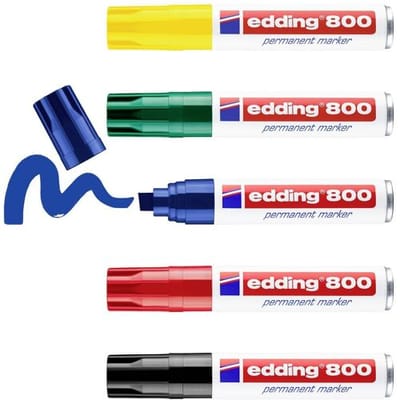 edding 800 permanent marker - 5 kleuren - 5 stiften - beitel punt 4-12 mm - water en wrijfvast - voor karton, kunststof, hout, metaal, etc. - alcohol markers voor volwassenen