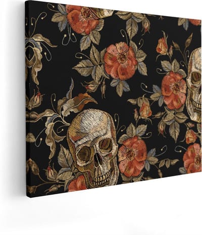 Artaza Canvas Schilderij Doodshoofd Met Rozen - 50x40 cm - Muurdecoratie Bloemen - Wanddecoratie Gothic - Kamer Accessoires