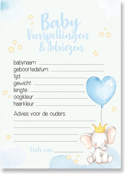 Babyshower invulkaarten – Voorspellings en adviezen kaarten - 20 stuks A6 formaat - Enkelzijdig - Jongen -  Blauw