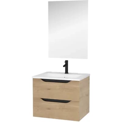 Aurlane Badmeubelset Lucas 60cm - Houtkleur - Met Spiegel En Wastafel - Met 2 Lades