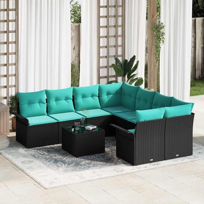 vidaXL - Tuinbank - Set - 9 - st - Zwart - en - Turkoois - poly - rattan