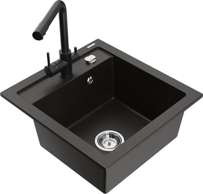 Mexen Vito granieten gootsteen 1-kompartment met keukenkraan Duero, zwart/goud metallic - 6503-75-671600-70