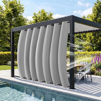 MUPOO Buitengordijnen Waterdicht & Windbestendig met Ringen Boven en Onder - Dubbele Bevestiging tegen Wind - Verduisterend & UV Werend - Outdoor Gordijnen voor Terras & Pergola - 132x244 cm - lichtgrijs - 1 Stuk (Rideau Extérieur Imperméable)