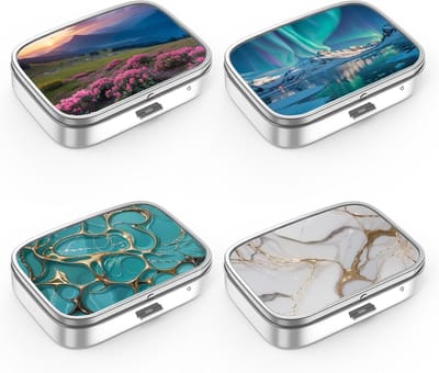 Draagbare pillendoos met 2 compartimenten, metalen vitaminendoos, organizer voor medicijnen, perfect als uniek cadeau, set van 4 stuks