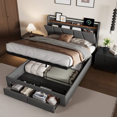 Gestoffeerd bed 160 x 200 cm, tweepersoonsbed met USB-aansluiting en LED-verlichting in het hoofdeinde en 2 lades, bed 160 x 200 cm met lattenbodem, hydraulisch opbergbed voor volwassenen en tieners, donkergrijs, linnen, zonder matras