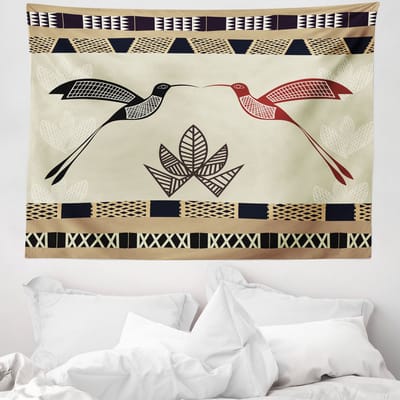 ABAKUHAUS Kolibrie Wandtapijt, Afbeelding van Bamboe en Kolibries, 150 x 110 cm, Bruin Zwart