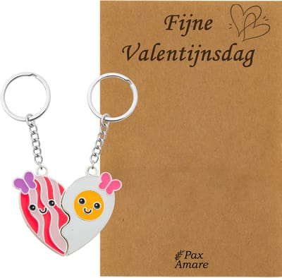 Koppel Sleutelhanger voor 2 'Fijne Valentijnsdag' - Magnetisch Hartje Bacon & Ei - Sleutelhanger set op Cadeau Kaartje - Zilverkleurig - Vriendschap of Relatie Symbool - Pax Amare
