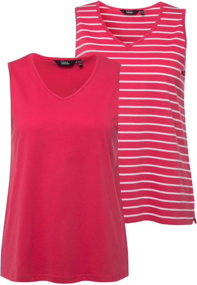 Ulla Popken - Dames - Top set van 2 strepen/effen V-hals mouwloos - Donker roze - Maat 46+