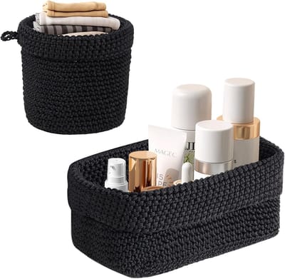 Set van 2 gevlochten manden om te organiseren katoenen touw, stapelbaar, organizer, opbergmanden voor badkamer, decoratieve mand voor woonkamer, keuken, badkamer, slaapkamer, zwart