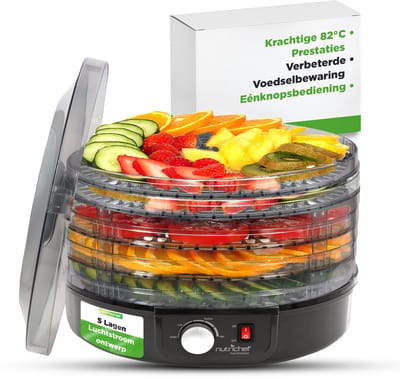 NutriChef Voedseldroger – 5 Laags Droogmachine met Temperatuurcontrole tot 82°C – Rond zwart
