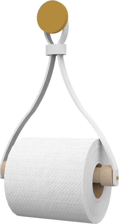 Leren toiletrolhouder 'Triangle' - met Zuignap én schroef - Handles and more® | WIT - roldrager: Rondhout - knop: Goud
