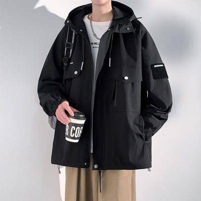 Veste de travail pour homme Nouvelle Veste tendance et beau printemps et automne Polyvalente ample Style Hong Kong Grande taille Veste à capuche M black