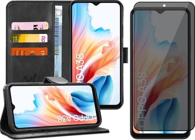 Hoesje geschikt voor Oppo A38 4G / A18 - Privacy Screenprotector Volledig Dekkend Glas - Portemonnee Book Case Zwart