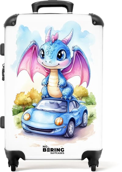 NoBoringSuitcases.com® - Kinderkoffer jongen - Kindertrolley jongens - Baby draak op blauwe auto in bosrijk landschap - Koffer kind groot - Rolkoffer lichtgewicht - Reiskoffer met 4 wielen - Grote trolley XL - 20 kg bagage