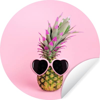 WallCircle® - Behangcirkel 140x140 cm - Muurstickers Een ananas tegen een roze achtergrond met een zonnebril - Muurcirkel woonkamer - Wandcirkel slaapkamer - Kamer decoratie zelfklevend - Muurdecoratie accessoires
