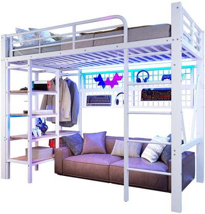 Komhtom Hoogslaper, 90 x 200 cm, ijzeren frame, opbergvak, net om spullen op te hangen, met kledingstang, open ruimte onder het bed, met LED-lichtstrip, zonder matras, wit