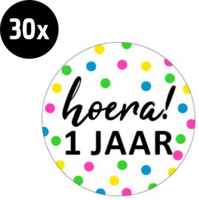 30x Sluitsticker Hoera 1 jaar! NEON | 40 mm | Traktatiesticker Hoera | Cadeausticker | Sluitzegel | Sluitsticker | Traktatie - Verjaardag - Feest | Sticker 1e verjaardag | Kinder traktatie