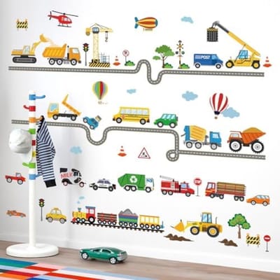 PromoHome Auto en Vervoer Muurstickers Set - Bouwvoertuigen, Trucks en Transport Stickers voor Kinderkamer, Slaapkamer en Speelkamer Decoratie - 8 Vellen DIY Muurdecoratie