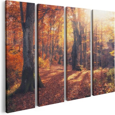 Artaza Canvas Schilderij Vierluik Oranje Herfstbos Met Zonneschijn - 80x60 - Foto Op Canvas - Canvas Print