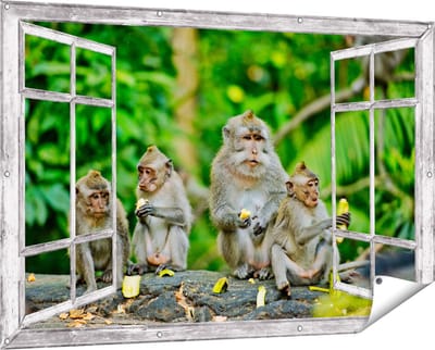 Gards Tuinposter Doorkijk Groep Apen Eten Bananen in het Bos - 150x100 cm - Tuindoek - Tuindecoratie - Wanddecoratie buiten - Tuinschilderij