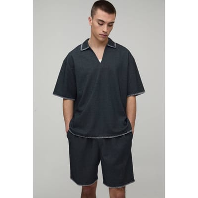 Waffle Contrast Stitch Oversized V-Neck Shirt & Baggy Short Set | Black | Size XS