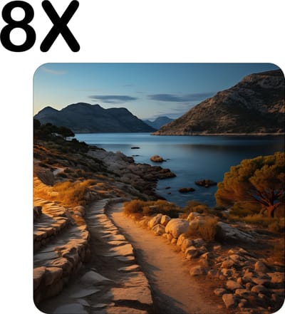 Luxe Placemat - Landschap - Nacht - Bergen - Meer - Set van 8 Placemats - 40x40 cm - 2 mm dik Vinyl - Anti Slip - Afneembaar