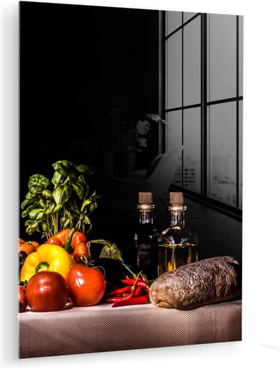 MuchoWow® Glasschilderij 90x120 cm - Schilderij acrylglas - Stilleven - Eten - Drinken - Fruit - Zwart - Foto op glas - Muurdecoratie woonkamer - Wanddecoratie slaapkamer - Schilderijen