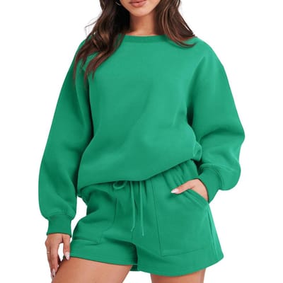 2 Stuks/Set Dames Sweatshirt Shorts Set Losse Effen Kleur Trekkoord Elastische Taille Lange Mouw Ronde Hals Elastische Manchet Zacht Zak M groen